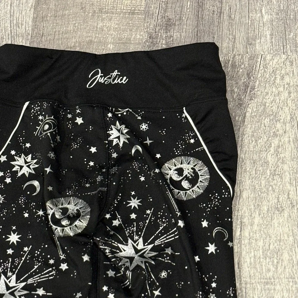 Justice Celestial Galaxy Girls Leggings Size 12 Black‎ Silver Star Moon Athletic